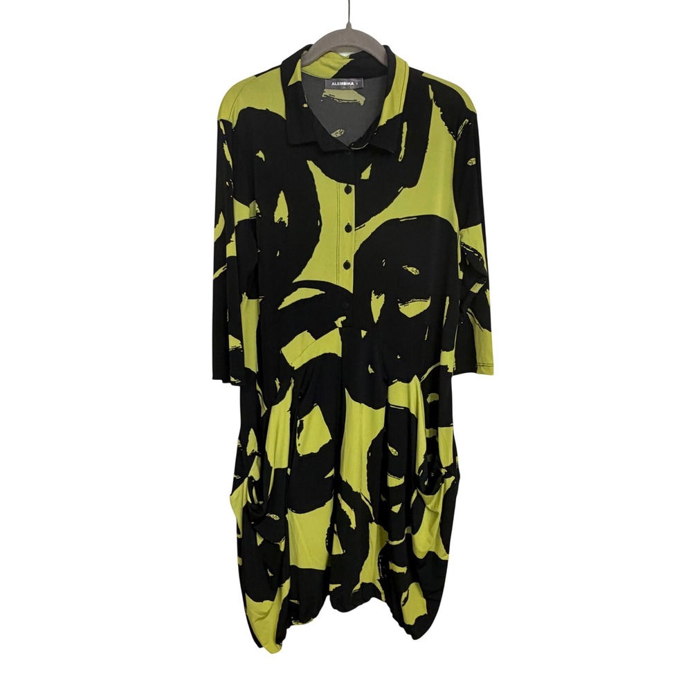 Alembika Lagenlook Abstract Print Bubble Dress Lime Green Black Size 4 L
